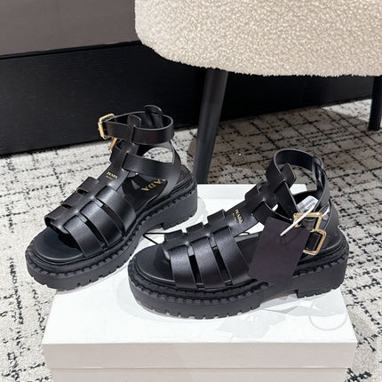 PRADA 25S HIGH TOP OPEN TOE FISHERMAN SANDALS IN BLACK CALFSKIN