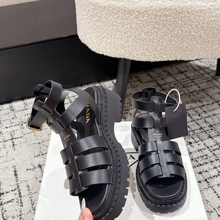 PRADA 25S HIGH TOP OPEN TOE FISHERMAN SANDALS IN BLACK CALFSKIN