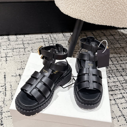 PRADA 25S HIGH TOP OPEN TOE FISHERMAN SANDALS IN BLACK CALFSKIN