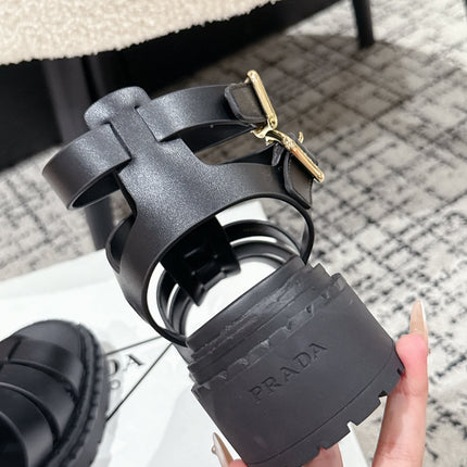 PRADA 25S HIGH TOP OPEN TOE FISHERMAN SANDALS IN BLACK CALFSKIN