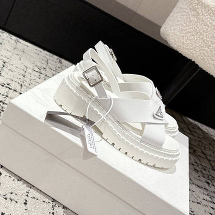 PRADA 25S CRISSCROSS SANDALS IN WHITE CALFSKIN LOGO