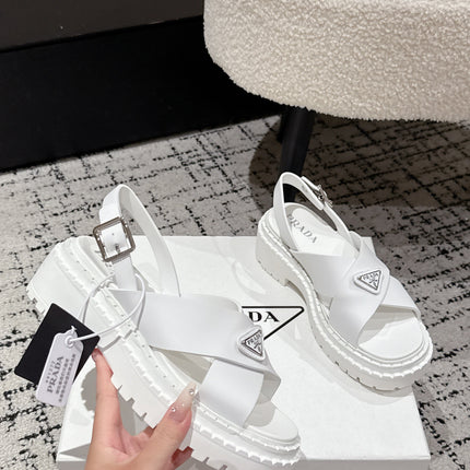 PRADA 25S CRISSCROSS SANDALS IN WHITE CALFSKIN LOGO