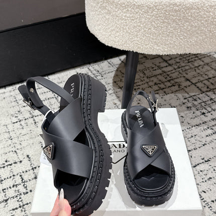 PRADA 25S CRISSCROSS SANDALS IN BLACK CALFSKIN LOGO