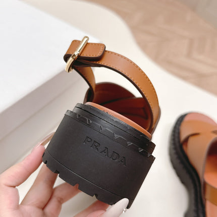 PRADA 25S CRISSCROSS SANDALS IN LIGHT TAN CALFSKIN