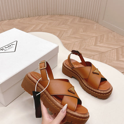 PRADA 25S SANDALS IN LIGHT TAN CALFSKIN LOGO GOLD HARDWARE