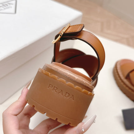 PRADA 25S SANDALS IN LIGHT TAN CALFSKIN LOGO GOLD HARDWARE