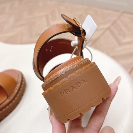 PRADA 25S SANDALS IN LIGHT TAN CALFSKIN LOGO