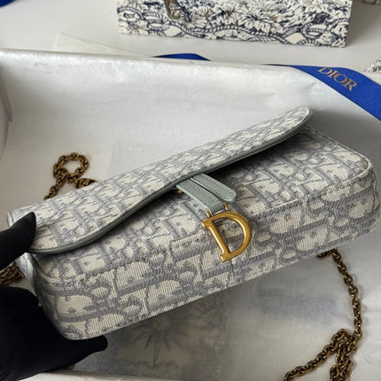 DIOR 25S MEDIUM SADDLE POUCH WITH CHAIN 21 IN GRAY DIOR OBLIQUE JACQUARD CANVAS