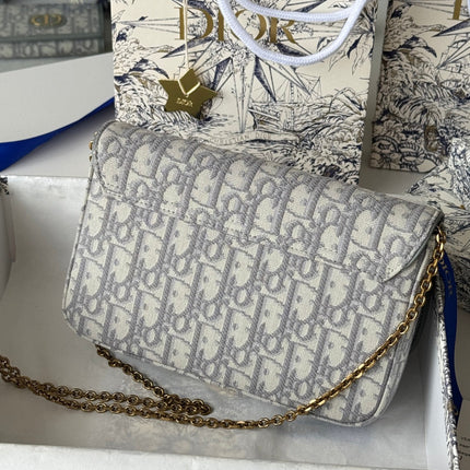 DIOR 25S MEDIUM SADDLE POUCH WITH CHAIN 21 IN GRAY DIOR OBLIQUE JACQUARD CANVAS