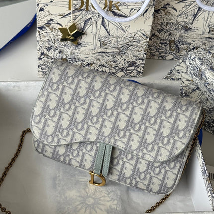 DIOR 25S MEDIUM SADDLE POUCH WITH CHAIN 21 IN GRAY DIOR OBLIQUE JACQUARD CANVAS