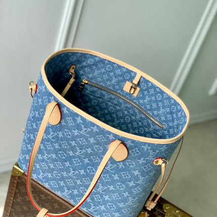 NEVERFULL MM 31 IN DENIM BLUE MONOGRAM COWHIDE LEATHER TRIM