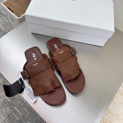 PRADA 25S SHUFFLE LEATHER THONG SANDALS IN SIENNA CALFSKIN