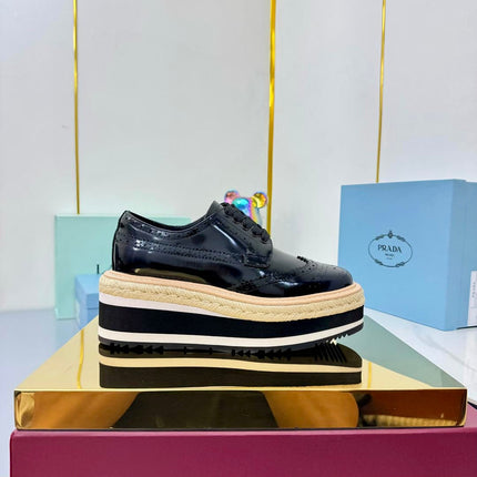 PRADA 25S FLAT WEDGE SHOES 60MM IN BLACK GLOSSY CALFSKIN