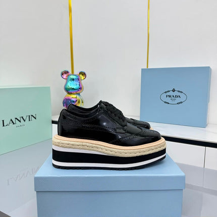 PRADA 25S FLAT WEDGE SHOES 60MM IN BLACK GLOSSY CALFSKIN