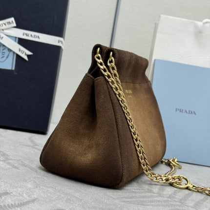 PRADA 25S ENCHAINE MINI BAG 22 IN CARAMEL BROWN SUEDE GOLD HARDWRE