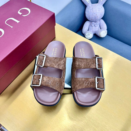 GG SANDALS IN BROWN LAMBSKIN MIX SUEDE EMBOSSED LOGO