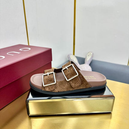 GG SANDALS IN BROWN LAMBSKIN MIX SUEDE EMBOSSED LOGO