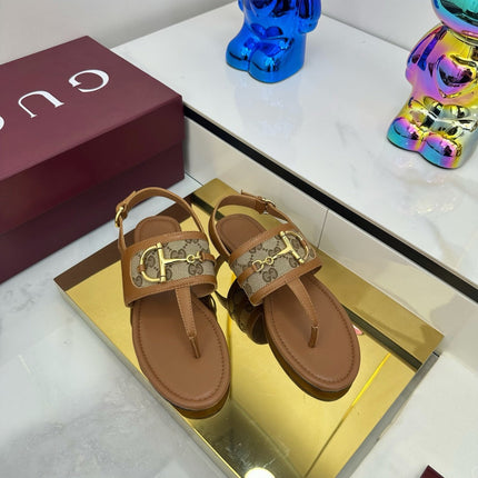 GG FLAT THONG SANDALS WITH ANKLE STRAP IN BROWN LAMBSKIN AND BEIGE FABRIC