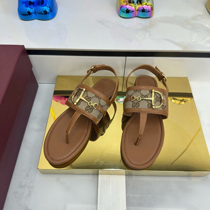 GG FLAT THONG SANDALS WITH ANKLE STRAP IN BROWN LAMBSKIN AND BEIGE FABRIC