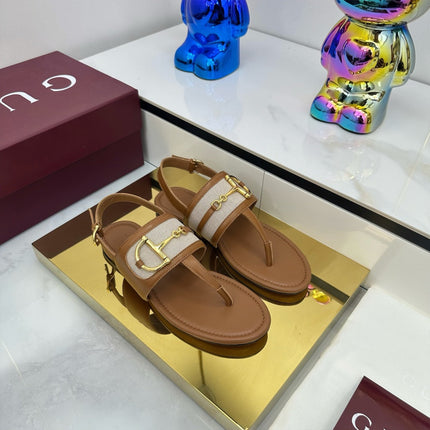 GG FLAT THONG SANDALS WITH ANKLE STRAP IN BROWN LAMBSKIN AND WHITE FABRIC