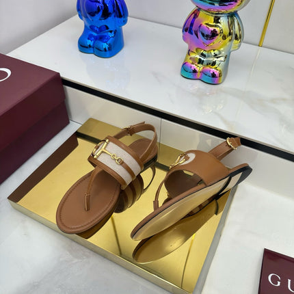 GG FLAT THONG SANDALS WITH ANKLE STRAP IN BROWN LAMBSKIN AND WHITE FABRIC