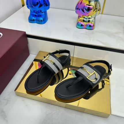 GG FLAT THONG SANDALS WITH ANKLE STRAP IN BLACK LAMBSKIN AND FABRIC
