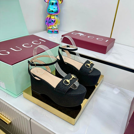 GG WEDGE HEELS IN BLACK FABRIC AND CALFSKIN WITH GOLD HARDWARE STYLE 1