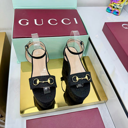 GG WEDGE HEELS IN BLACK FABRIC AND CALFSKIN WITH GOLD HARDWARE STYLE 1