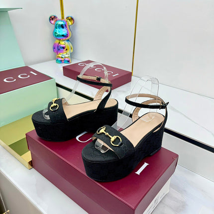 GG WEDGE HEELS IN BLACK FABRIC AND CALFSKIN WITH GOLD HARDWARE STYLE 1