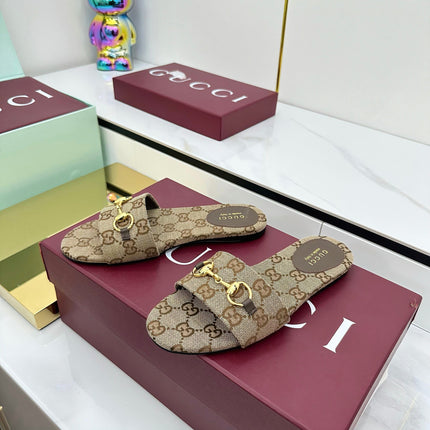 GG SLIDES IN DARK BEIGE WITH GOLD HARDWARE
