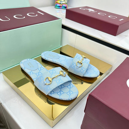 GG SLIDES IN BLUE WITH GOLD HARDWARE