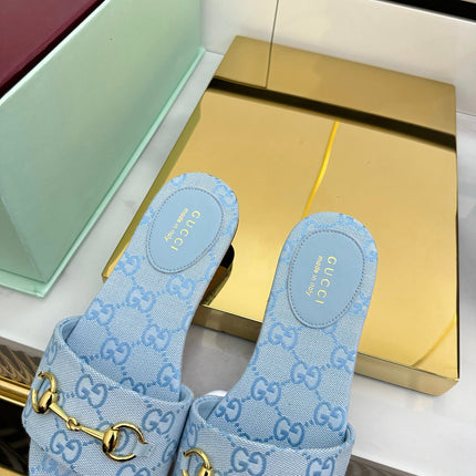 GG SLIDES IN BLUE WITH GOLD HARDWARE