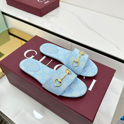 GG SLIDES IN BLUE WITH GOLD HARDWARE