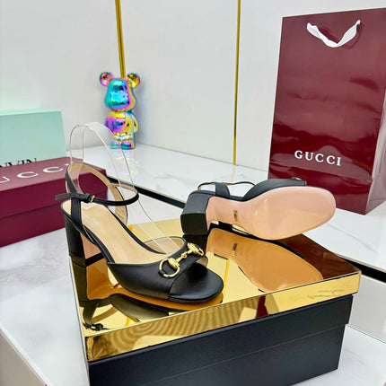 GG HEELED SANDALS 25S 65 MM IN BLACK LAMBSKIN WITH GOLD HARDWARE