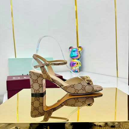 GG HEELED SANDALS 25S 65 MM IN DARK BEIGE CANVAS WITH GOLD HARDWARE