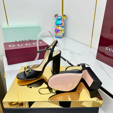 GG HEELED SANDALS 25S 95 MM IN BLACK LAMBSKIN WITH GOLD HARDWARE