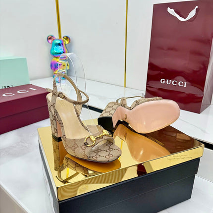 GG HEELED SANDALS 25S 95 MM IN DARK BEIGE CANVAS WITH GOLD HARDWARE