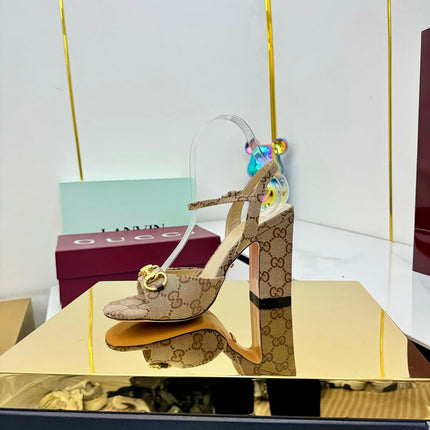 GG HEELED SANDALS 25S 95 MM IN DARK BEIGE CANVAS WITH GOLD HARDWARE