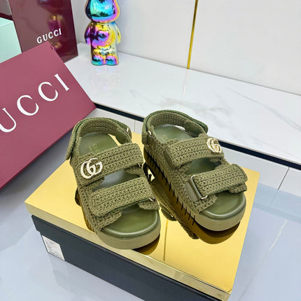 GG SANDALS 25S IN MOSS GREEN CROCHET COTTON FABRIC