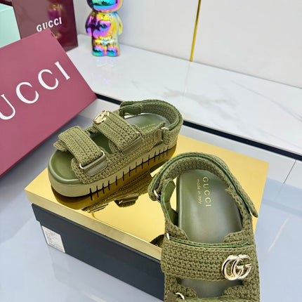 GG SANDALS 25S IN MOSS GREEN CROCHET COTTON FABRIC