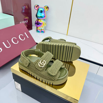 GG SANDALS 25S IN MOSS GREEN CROCHET COTTON FABRIC