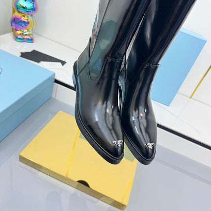 PRADA 25S CHUNKY SOLE TALL BOOTS MARTIN 50MM IN BLACK GLOSSY CALFSKIN
