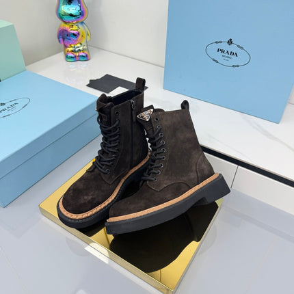 PRADA 25S LONG THICK SOLED MARTIN BOOTS 50MM IN DARK BROWN SUEDE