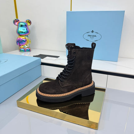 PRADA 25S LONG THICK SOLED MARTIN BOOTS 50MM IN DARK BROWN SUEDE