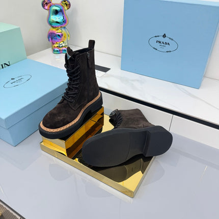PRADA 25S LONG THICK SOLED MARTIN BOOTS 50MM IN DARK BROWN SUEDE