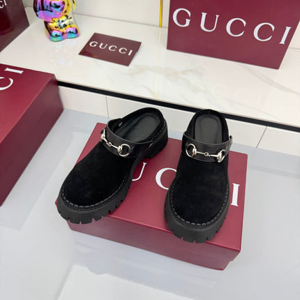 GG PLATFORM MULES 25S IN BLACK SUEDE