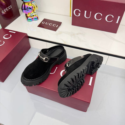 GG PLATFORM MULES 25S IN BLACK SUEDE