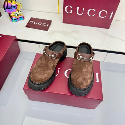 GG PLATFORM MULES 25S IN BROWN SUEDE