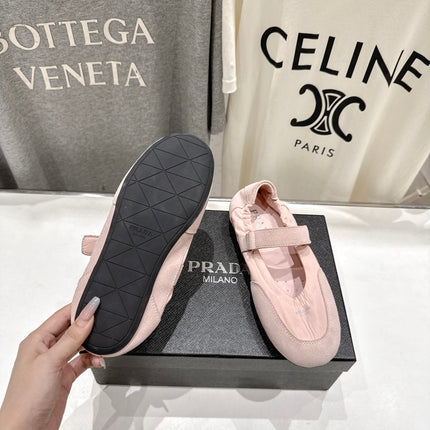 PRADA 25S COLLAPSE RE NYLON AND SUEDE BALLERINAS IN BABY PINK
