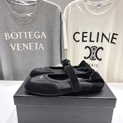 PRADA 25S COLLAPSE RE NYLON AND SUEDE BALLERINAS IN BLACK